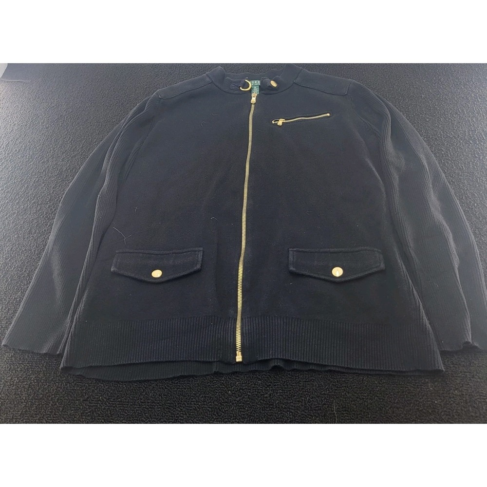 Lauren Ralph Lauren Size 2x Black Velvet Gold Buttoned Pockets Full Zip Jacket